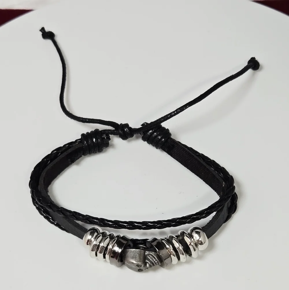 Men’s Punk Skull Faux Leather Bracelet Adjustable Edgy Statement Layered Casual